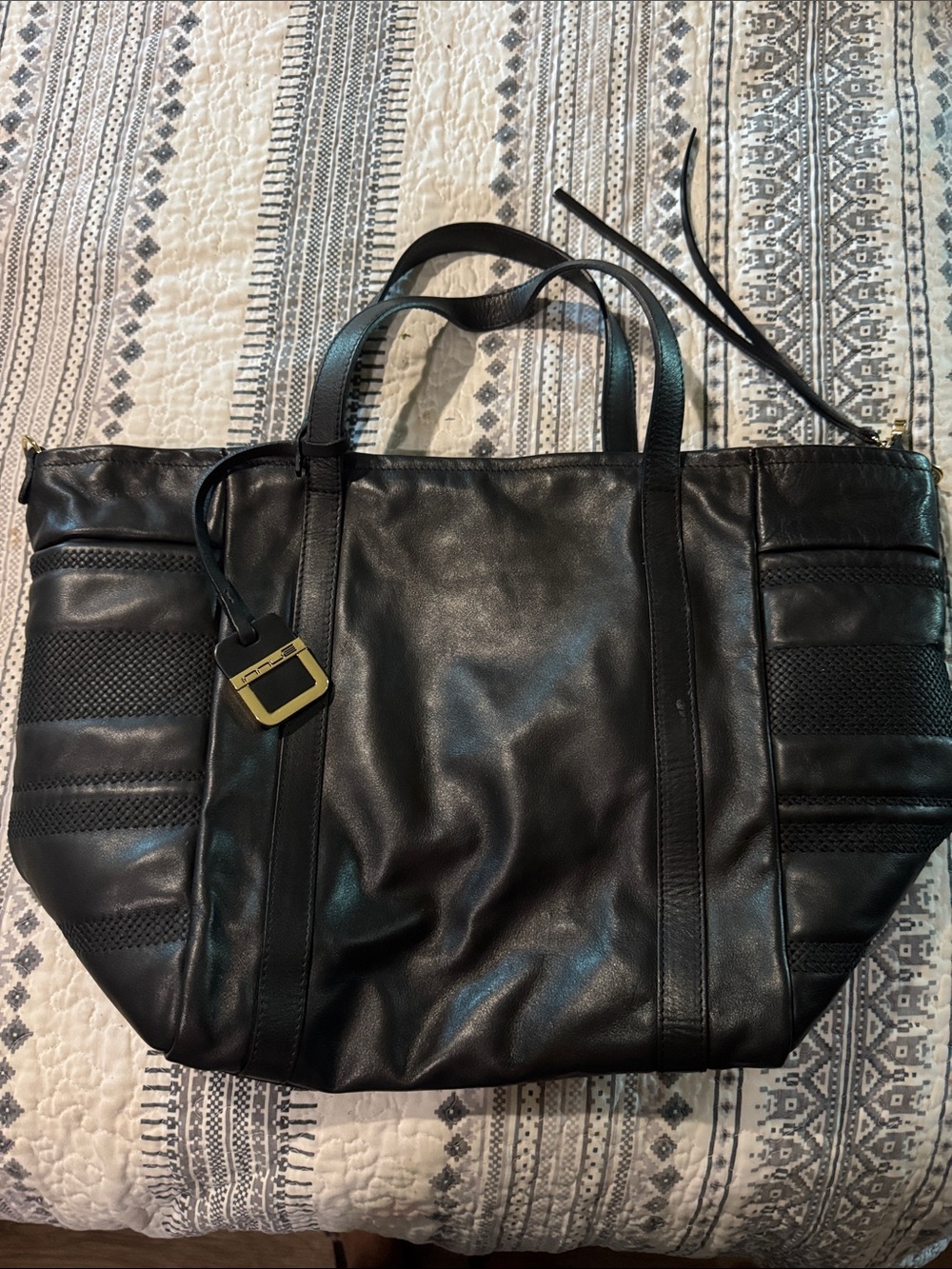 Classic Black Leather Tote with Gold Accent
